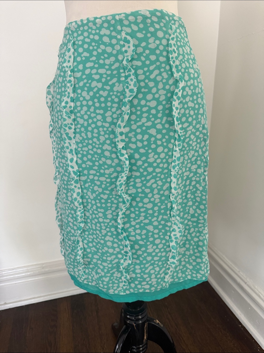 Cynthia Howie Silk Chiffon Teal Polka Dot Ruffle Pencil Skirt 12